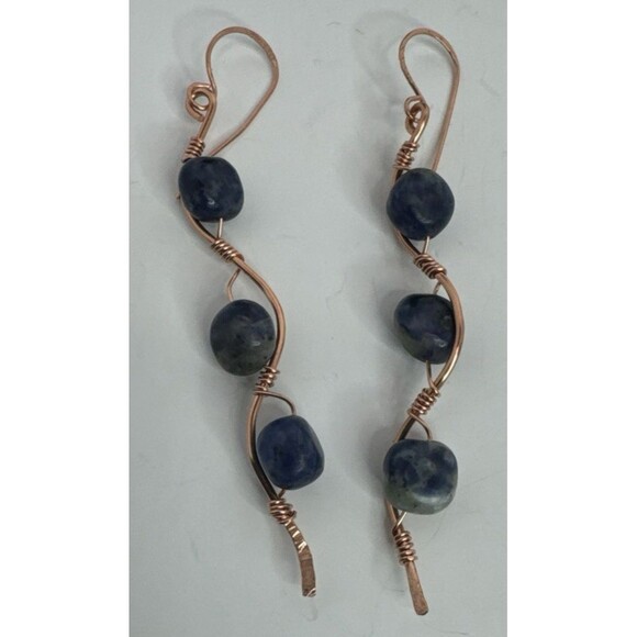 Copper Waves Dangle Earrings  With Blue Soda Lite Beads French Hook Handmade - Picture 4 of 5